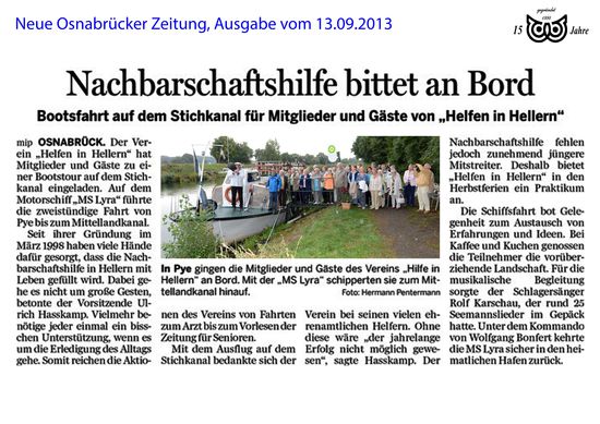 Nachbarschaftshilfe Helfen in Hellern bittet an Bord - Bootsfahrt auf dem Stichkanal
